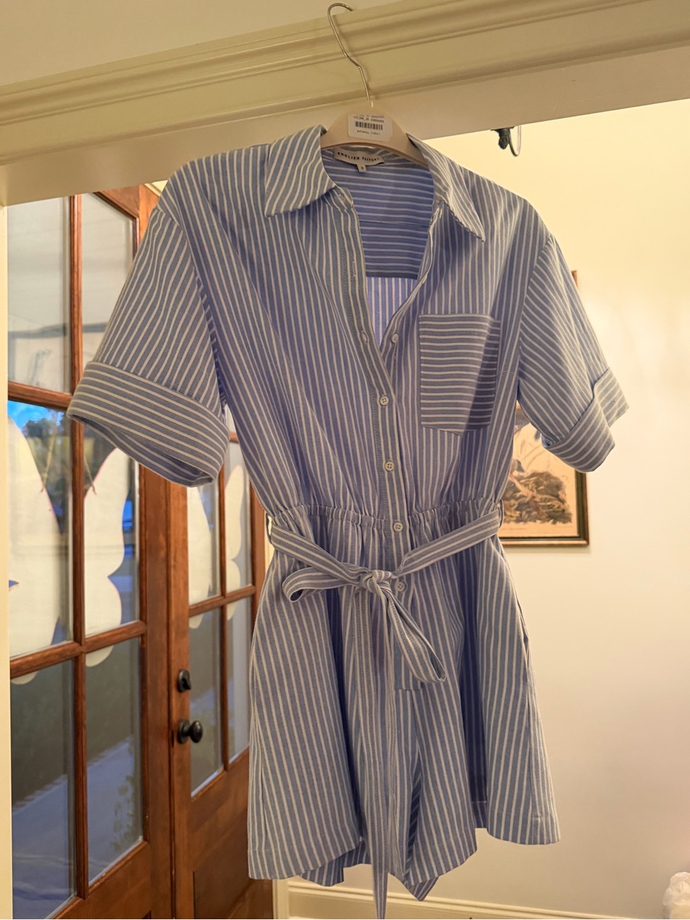 English Factory Blue and White Striped Shirtdress Romper Sandals